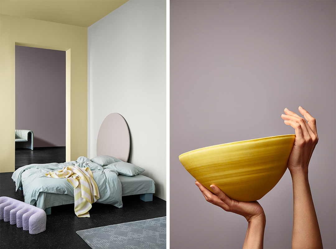 Årets färger 2022 - sovrum i ljusgula Fresh Pasta i kombination med lila - Slate Lavender
